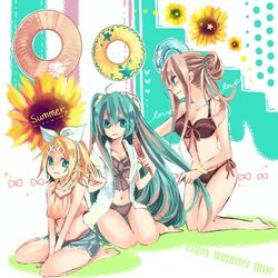  3girls aqua_eyes aqua_hair bikini blonde_hair commentary_request english_text flower hair_ribbon hatsune_miku heart innertube kagamine_rin key_(baby-mom) long_hair megurine_luka midriff multiple_girls navel pink_hair ribbon short_hair sunflower swim_ring swimsuit very_long_hair vocaloid 