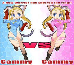  alternate_color animal_ears blonde_hair blue_eyes blue_leotard bodypaint braid cammy_white cat_ears cat_tail character_name commentary_request female fingerless_gloves gloves hat leotard long_hair mosaic_background painttool_sai_(medium) palette_swap paw_pose pink_leotard player_2 shirayuki_usami sleeved_leotard street_fighter street_fighter_zero_(series) symmetry tail twin_braids twintails 