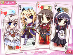  4girls apron armor black_hair black_thighhighs blonde_hair blue_eyes blue_hair brown_eyes card card_(medium) charlotte_hazellink chibi dress earrings elbow_gloves fujikura_yuu game_cg gloves hair_ribbon hair_up high_heels houjouin_seika jewelry komori_kei long_hair maid maid_headdress multiple_girls necklace pink_hair playing_card princess_lover purple_eyes ribbon school_uniform shoes short_hair silvia_van_hossen skirt smile sword thighhighs tiara twintails weapon zettai_ryouiki 