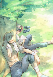  2boys abs bad_id bad_pixiv_id bandages double_chin frown glasses helmeppo in_tree jii koby_(one_piece) male_focus multiple_boys muscular muscular_male one_piece reading sitting sitting_in_tree towel tree 