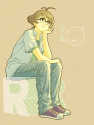  1boy akizuki_ryo androgynous antenna_hair bad_id bad_pixiv_id brown_eyes brown_hair glasses idolmaster idolmaster_dearly_stars male_focus om_(carbohydratism) smile solo 