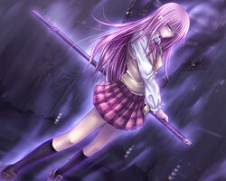  aura commentary_request female katana klenow kneehighs long_hair pink_eyes pink_hair pleated_skirt school_uniform shaman_king skirt socks solo sword tamamura_tamao weapon 