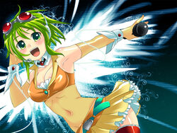  :d armpits belt blush breasts caffein choker cleavage crop_top elbow_gloves female frills gloves goggles goggles_on_head green_eyes green_hair gumi headset medium_breasts megu_megu_fire_endless_night_(vocaloid) microphone midriff open_mouth resized samfree_(&quot;night&quot;_songs) see-through short_hair smile solo thighhighs vocaloid wings wrist_cuffs zettai_ryouiki 