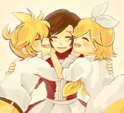  1boy 2girls alternate_universe blonde_hair bow brother_and_sister brown_hair evillious_nendaiki good_end gretel_(evillious_nendaiki) hair_ornament hair_ribbon hairclip hansel_(evillious_nendaiki) happy hug kagamine_len kagamine_rin meiko_(vocaloid) meta_salmhofer moonlit_bear_(vocaloid) mother_and_daughter mother_and_son mukkun multiple_girls okizari_tsukiyosyou_(vocaloid) ribbon short_hair siblings tears twins vocaloid 