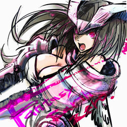  armor black_hair breasts cleavage commentary_request fantasy_earth fantasy_earth_zero female huge_breasts long_hair open_mouth photoshop_(medium) pink_eyes solo tmg warrior_(fantasy_earth) warrior_(vesta_armor)_(fantasy_earth_zero) wings 