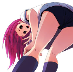  bad_id bad_pixiv_id buruma female from_below hidaka_ryou kneehighs kneepits long_hair looking_down open_mouth original pink_eyes pink_hair purple_socks skirt smile socks solo v 