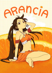  arancia armpits arms_up bare_shoulders barefoot brown_hair character_name commentary_request feet female food fruit legs long_hair midriff navel orange_(fruit) orange_skirt orange_theme original skirt solo twintails yammy_(cellblo) 