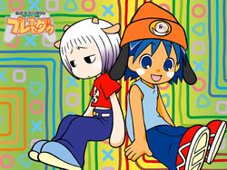  1boy animal_ears artist_request blue_hair bored cosplay female gradient_hair guu_(jungle_wa_itsumo) happy hare_(jungle_wa_itsumo) hat horns jungle_wa_itsumo_hare_nochi_guu lammy_(um_jammer_lammy) multicolored_hair parappa parappa_(cosplay) parappa_the_rapper purple_hair sitting two-tone_hair um_jammer_lammy white_hair 