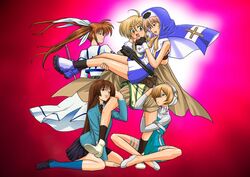  2girls 3boys akizuki_nakuru belt blonde_hair blue_eyes blush braid bridget brown_hair cape cardcaptor_sakura carrying commentary_request crossover cuilan glasses green_eyes guilty_gear guilty_gear_xx habit hair_ribbon kneehighs long_hair lyrical_nanoha mahou_shoujo_lyrical_nanoha multiple_boys multiple_girls naughty_face nun one_eye_closed otoko_no_ko photoshop_(medium) princess_carry purple_eyes ribbon school_uniform senkou_no_ronde short_hair shorts side_braid skirt socks takamachi_nanoha tsukamoto_takashi twintails yuuno_scrya 