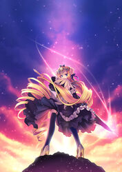  athena_(mythology) black_thighhighs blue_eyes commentary_request dress drill_hair female frills garter_belt greek_mythology helm helmet long_hair looking_back photoshop_(medium) riv_(rivleaf) sky solo star_(sky) starry_sky sword thighhighs very_long_hair visor_(armor) weapon yujie_shenji 