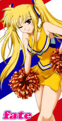  2g50000 blonde_hair character_name cheerleader commentary_request cosplay fate_testarossa female long_hair lyrical_nanoha mahou_shoujo_lyrical_nanoha_strikers mizuki_nana mizuki_nana_(cosplay) one_eye_closed pom_pom_(cheerleading) real_life real_life_insert red_eyes skirt smile solo twintails voice_actor_connection 