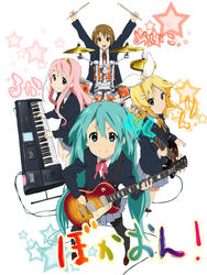  4girls 699 akiyama_mio akiyama_mio_(cosplay) aqua_eyes aqua_hair bad_id bad_pixiv_id bass_guitar blonde_hair blue_eyes brown_eyes brown_hair cagayake!_girls_pose cosplay drum electric_guitar fender_jazz_bass fender_musical_instruments_corporation gibson_brands_inc gibson_les_paul guitar hair_ornament hair_ribbon hairclip hatsune_miku hirasawa_yui hirasawa_yui_(cosplay) instrument k-on! kagamine_rin keyboard_(instrument) korg korg_triton kotobuki_tsumugi kotobuki_tsumugi_(cosplay) long_hair megurine_luka meiko_(vocaloid) multiple_girls pantyhose photoshop_(medium) pink_eyes pink_hair ribbon sakuragaoka_high_school_uniform school_uniform short_hair skirt smile tainaka_ritsu tainaka_ritsu_(cosplay) translated twintails vocaloid 