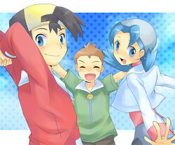  2boys arms_behind_head arms_up baseball_cap bike_shorts black_hair blue_eyes blue_hair cabbie_hat closed_eyes commentary_request cubexcube female hat jimmy_(pokemon) looking_back marina_(pokemon) multiple_boys pokemon pokemon_(anime) pokemon_(classic_anime) twintails vincent_(pokemon) 