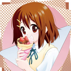  blush brown_eyes brown_hair commentary_request crepe eating female food food_wrapper fruit goyacchi hair_ornament hairclip hirasawa_yui k-on! sakuragaoka_high_school_uniform school_uniform short_hair solo strawberry 