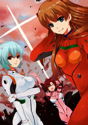  3girls arms_behind_head ayanami_rei bad_id bad_pixiv_id bodysuit breast_hold breasts cross dutch_angle evangelion:_2.0_you_can_(not)_advance glasses makinami_mari_illustrious masaki_(celesta) multiple_girls neon_genesis_evangelion one_eye_closed plugsuit rebuild_of_evangelion smile smoke souryuu_asuka_langley white_bodysuit 