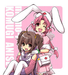  2girls ahoge animal_ears anise_tatlin blush braid brown_eyes brown_hair crossover happy momoi_haruko multiple_girls nakahara_komugi nurse_witch_komugi-chan oerba_yun_fang one_eye_closed pink_eyes pink_hair pokenaka rabbit_ears ribbon single_braid tales_of_(series) tales_of_the_abyss twintails voice_actor_connection 