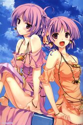  2girls :&lt; :d back-to-back bare_shoulders blush bracelet breasts cleavage collarbone detached_sleeves earrings highres jewelry medium_breasts misaki_kurehito multiple_girls necklace no_panties open_mouth purple_eyes purple_hair ritos_tortilla salsa_tortilla short_hair shukufuku_no_campanella siblings sisters sitting smile tareme twins 