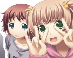  2girls amputee armless_amputee brown_hair double_amputee double_v green_eyes hair_bobbles hair_ornament ibarazaki_emi kamifish katawa_shoujo multiple_girls shocker_(gesture) short_hair tezuka_rin twintails upper_body v 