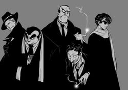  5boys acetylene_lamp bad_id bad_pixiv_id between_fingers black_jack_(series) cigarette closed_mouth clothes_grab coat collared_shirt cowlick fedora formal frown gloves grey_background greyscale grin ham_egg hat highres holding holding_cigarette kusai_skunk long_sleeves looking_at_viewer looking_away looking_to_the_side looking_up mafia male_focus marukubi_boon monochrome multiple_boys necktie parted_lips pointy_nose popped_collar profile rock_(tezuka_osamu) scarf shirt simple_background smile smirk smoke standing star_system stole suit sunglasses thick_eyebrows warainaku widow&#039;s_peak 