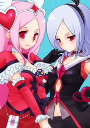  2girls bad_id bad_pixiv_id black_choker blue_hair blush bow chitose_kiiro choker cure_passion dual_persona eas_(fresh_precure!) fresh_precure! gloves hair_ornament heart heart_hair_ornament higashi_setsuna magical_girl multiple_girls photoshop_(medium) pink_hair precure red_eyes waist_bow white_choker 