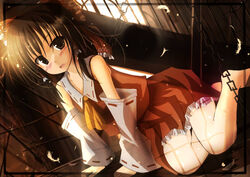  :o ascot bare_shoulders barefoot bars blush bow brown_eyes brown_hair chains commentary_request detached_sleeves dress feathers female full_body hairbow hakurei_reimu in_cell indoors looking_at_viewer mashayuki parted_lips prison_cell red_bow red_dress ribbon-trimmed_sleeves ribbon_trim sitting solo sunlight touhou yokozuwari 