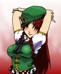  arms_behind_head arms_up blue_eyes braid breasts china_dress chinese_clothes commentary_request dress female gumdrop hat hat_ornament hong_meiling lips long_hair puffy_short_sleeves puffy_sleeves red_hair short_sleeves solo star_(symbol) star_hat_ornament touhou twin_braids 