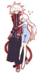  1boy bare_shoulders black_pants blazblue crotch_plate female heart heterochromia hug mono_(sa) nu-13 pants ragna_the_bloodedge skin_tight sleeveless white_hair 