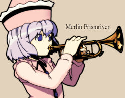  commentary_request female gumdrop hat instrument light_purple_hair merlin_prismriver purple_eyes solo touhou trumpet 