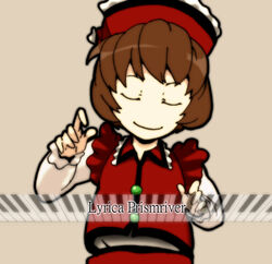  brown_hair commentary_request female gumdrop hat instrument lyrica_prismriver piano_keys solo touhou 