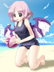  animal_ears bad_feet ball barefoot beach beachball bird_ears black_eyes breasts cloud commentary_request day earrings feathered_wings feet female jewelry kneeling looking_at_viewer medium_breasts mystia_lorelei ocean one-piece_swimsuit open_mouth outdoors photoshop_(medium) pink_hair school_swimsuit short_hair sky smile solo swimsuit toenails toes touhou water wings you_naka 