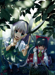  2girls bad_id bad_pixiv_id black_hair bow detached_sleeves foreshortening from_above gardening_shears ghost green_eyes grey_hair hairband hakurei_reimu hedge_clippers hedge_trimmer hidebo hitodama katana konpaku_youmu konpaku_youmu_(ghost) multiple_girls rake red_eyes ribbon short_hair sword touhou weapon 