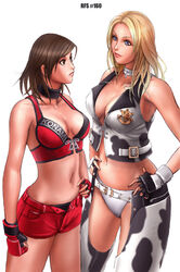  2girls bikini blonde_hair blue_eyes breasts brown_hair collar crop_top dixie_clemets gloves hinomoto_reiko large_breasts midriff multiple_girls navel rumble_roses ryu_(ryu&#039;s_form_site) short_shorts shorts swimsuit 