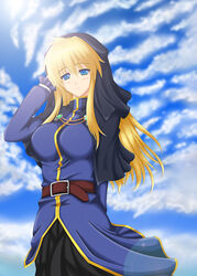  blonde_hair blue_eyes commentary_request female genderswap_(mtf) goeniko goenitz habit highres kilina long_hair m.u.g.e.n nun photoshop_(medium) rule_63 solo the_king_of_fighters wind_(mugen) 