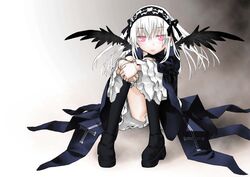  boots commentary_request doll_joints dress female frills hairband joints kakashichi knee_boots long_hair pink_eyes rozen_maiden sitting solo suigintou white_hair wings 