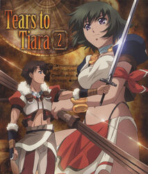  1boy abs absurdres armband arthur_(tears_to_tiara) artist_request bandages bandeau black_hair blue_eyes bracelet brown_hair choker cover dvd_cover female fur headband highres jewelry midriff morgan_(tears_to_tiara) photoshop_(medium) purple_eyes scan short_hair skirt strapless sword tears_to_tiara tube_top weapon 