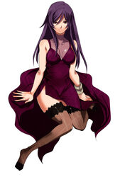  1boy bad_id bad_pixiv_id bare_shoulders bracelet collarbone crossdressing dress gundam gundam_00 jewelry legs long_hair male_focus matano_maya otoko_no_ko purple_hair red_dress red_eyes smile solo thighhighs tieria_erde 