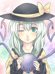  aqua_eyes commentary_request earrings eyeball eyebrow_piercing eyelid_piercing female green_eyes grey_hair hands hat heart jewelry komeiji_koishi kouzilow piercing short_hair solo tongue_piercing touhou 