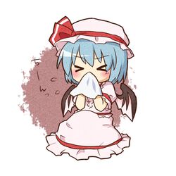  &gt;_&lt; bat_wings blowing_nose blue_hair chibi closed_eyes commentary_request female hat remilia_scarlet short_hair solo tissue touhou wings yamabuki_(yusuraume) 