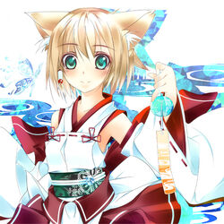  animal_ears bad_id bad_pixiv_id blonde_hair detached_sleeves female fox_ears green_eyes japanese_clothes miko original photoshop_(medium) shirokitsune shiroro short_hair solo wind_chime 