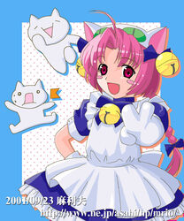  ahoge animal_ears bell blush braid cat_ears cosplay dejiko dejiko_(cosplay) di_gi_charat dress female frills gloves happy jingle_bell mario_(atelier_m) mona_(2ch) nakahara_komugi nurse_witch_komugi-chan oerba_yun_fang pink_eyes pink_hair ribbon single_braid v watermark 