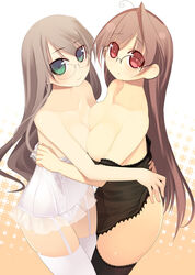  2girls ahoge arima_senka arima_senne babydoll black_thighhighs breast_press breasts chemise glasses green_eyes incest kashiwamochi_yomogi lace lace-trimmed_legwear lace_trim long_hair medium_breasts multiple_girls original photoshop_(medium) red_eyes symmetrical_docking tareme thighhighs tsurime very_long_hair white_thighhighs yuri 