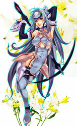  alstroemeria_(flower) arm_behind_head armpits arms_up blue_hair blue_outline breasts clothing_cutout elbow_gloves female floral_background flower garter_straps gloves high_heels holding imageboard_desourced kos-mos kos-mos_ver._4 leg_up long_hair looking_to_the_side matano_maya medium_breasts non-web_source object_request outline parted_lips photo_background red_eyes scythe shoes solo thighhighs underboob underboob_cutout very_long_hair weapon white_flower xenosaga xenosaga_episode_iii 