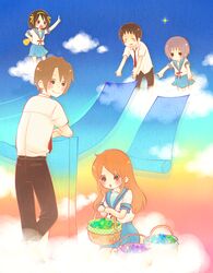  2boys 3girls asahina_mikuru bad_id bad_pixiv_id basket blue_sailor_collar cloud kita_high_school_uniform koizumi_itsuki kyon moffunnyo multiple_boys multiple_girls nagato_yuki necktie paper_roll red_necktie sailor_collar school_uniform serafuku shirt short_sleeves star_(symbol) summer_uniform suzumiya_haruhi suzumiya_haruhi_no_yuuutsu white_shirt 