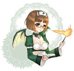  bad_id bad_pixiv_id bob_cut book breasts breath_weapon breathing_fire brown_hair cleavage deathsmiles dragon dragon_girl dragon_wings female fire follett_(deathsmiles) glasses medium_breasts orange_eyes solo tooru wings 