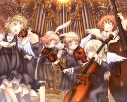  5girls blonde_hair blue_eyes brown_eyes cello closed_eyes commentary_request double_bass dress green_eyes hair_ribbon hat instrument mini_hat mini_top_hat multiple_girls original red_hair ribbon sabamu short_hair top_hat violin wings 