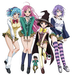  1boy 4girls :o ahoge akashiya_moka antenna_hair aono_tsukune black_hair blazer blood blue_eyes blue_hair blush bow bowtie breasts candy cape choker cleavage covering_crotch covering_privates cross everyone flat_chest floating food garter_straps green_shirt hair_ornament hair_ribbon hat jacket jewelry kurono_kurumu legs lipstick loafers lollipop long_hair long_legs loose_socks makeup medium_breasts miniskirt mouth_hold multiple_girls necklace nosebleed o_o oerba_yun_fang pink_eyes purple_eyes purple_hair ribbon rosario+vampire school_uniform sendou_yukari shirayuki_mizore shirt shoes short_hair simple_background skirt sneakers socks striped_clothes striped_thighhighs surprised sweater_vest thigh_strap thighhighs upskirt v_arms witch_hat 