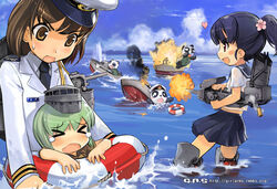  3girls aiguillette blue_hair blush_stickers brown_eyes brown_hair character_request china commentary_request destroyer explosion flower girl_arms green_hair hair_flower hair_ornament heart innertube mecha_musume military military_uniform military_vehicle multiple_girls navy panda people&#039;s_liberation_army people&#039;s_liberation_army_navy red_eyes rocs_tan_yang school_uniform serafuku ship skirt swim_ring taiwan torpedo_boat uniform warship watercraft watermark web_address yukikaze_(destroyer) zeco 