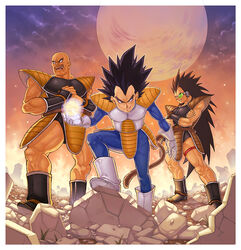  3boys armor aura bad_id bad_pixiv_id bald black_hair cloud dragon_ball dragon_ball_z energy_ball gloves katsutake long_hair male_focus moon multiple_boys nappa raditz rubble saiyan_armor scouter spiked_hair tail vegeta 