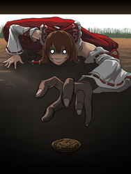  coin commentary_request crazy_eyes female foreshortening grin hakurei_reimu hands horror_(theme) jigoku_inu o_o photoshop_(medium) poverty sketch smile solo touhou 