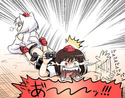  2girls :&lt; ass camera chibi commentary_request figure_four_leglock geta hat inubashiri_momiji multiple_girls open_mouth panties pantyshot photoshop_(medium) screaming shameimaru_aya submission_hold takadoya tap_out tears tengu-geta tokin_hat touhou underwear wrestling 